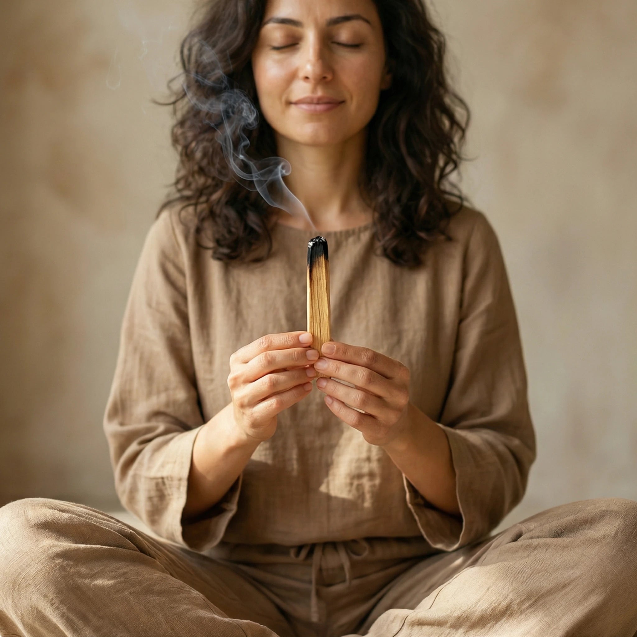 Frau in Meditationshaltung hält brennendes Palo Santo, sanfter Rauch steigt auf - Ritual für innere Klarheit.