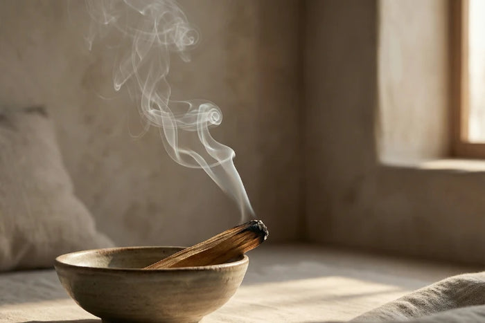 Weicher Palo-Santo-Rauch in warmer, beruhigender Umgebung für Entspannung.