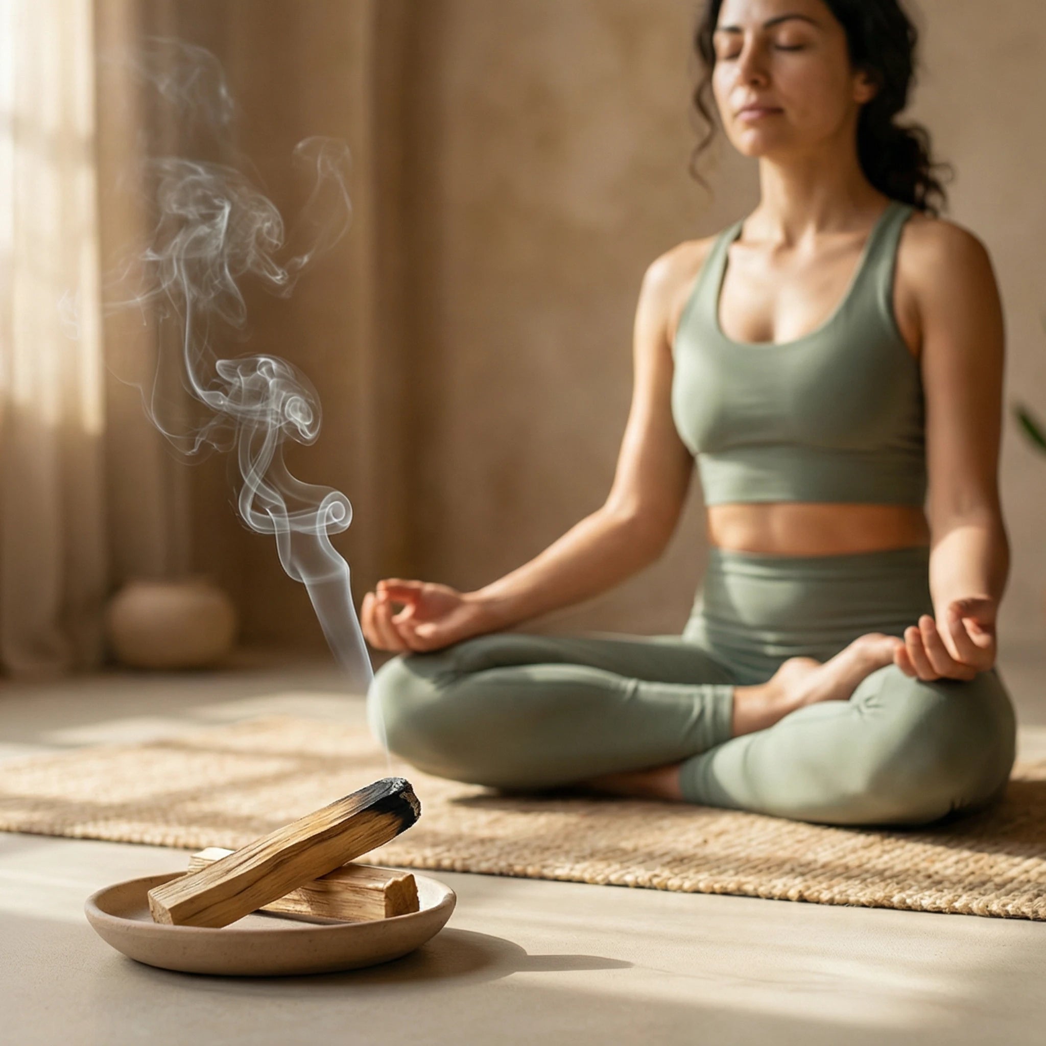 Frau beim Yoga meditiert, während neben ihr Palo Santo in einer Schale räuchert - entspannendes Aromaritual.