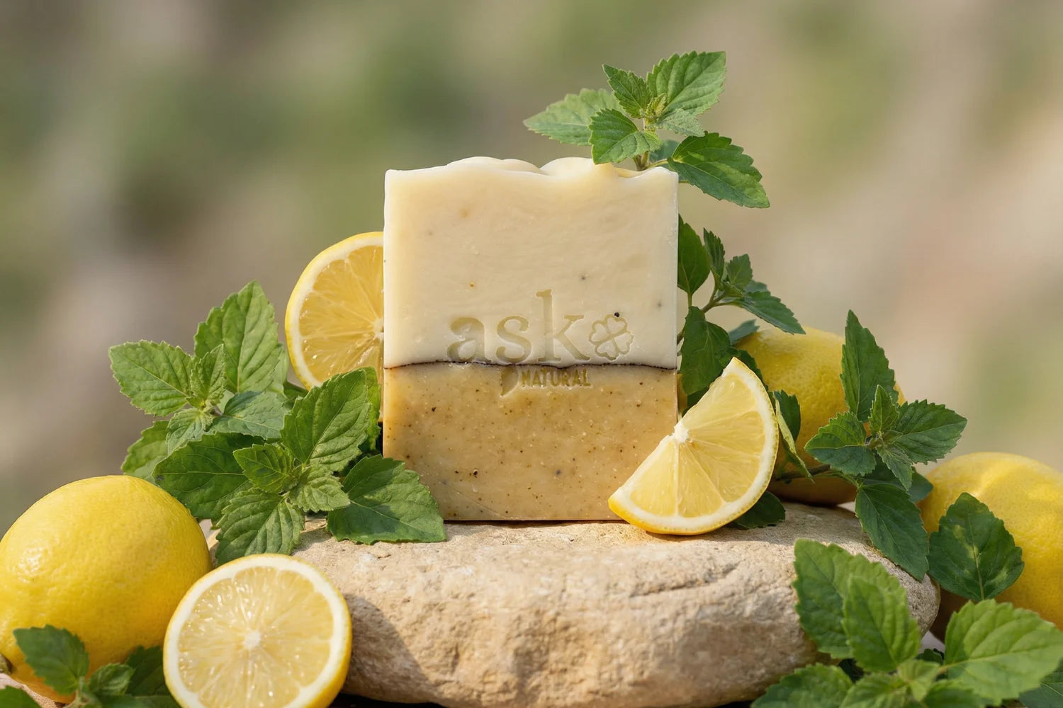 Handgemachte Patchouli-Lemon Naturseife von ASK Natural mit natürlichen Inhaltsstoffen auf Stein, in natürlicher Umgebung.