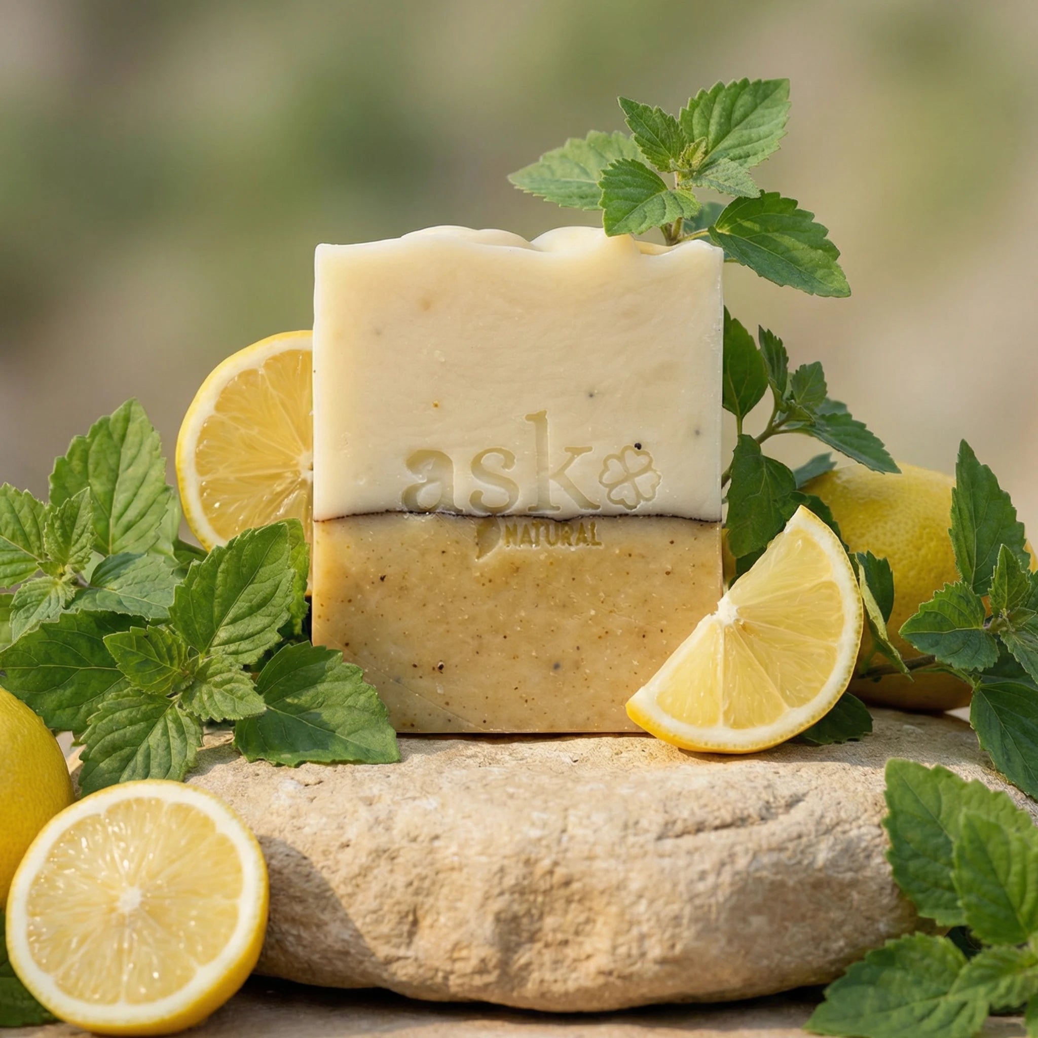 Handgemachte Patchouli Lemon Seife 100g von ASK Natural mit Zitronenscheiben und Kräutern auf Naturstein.