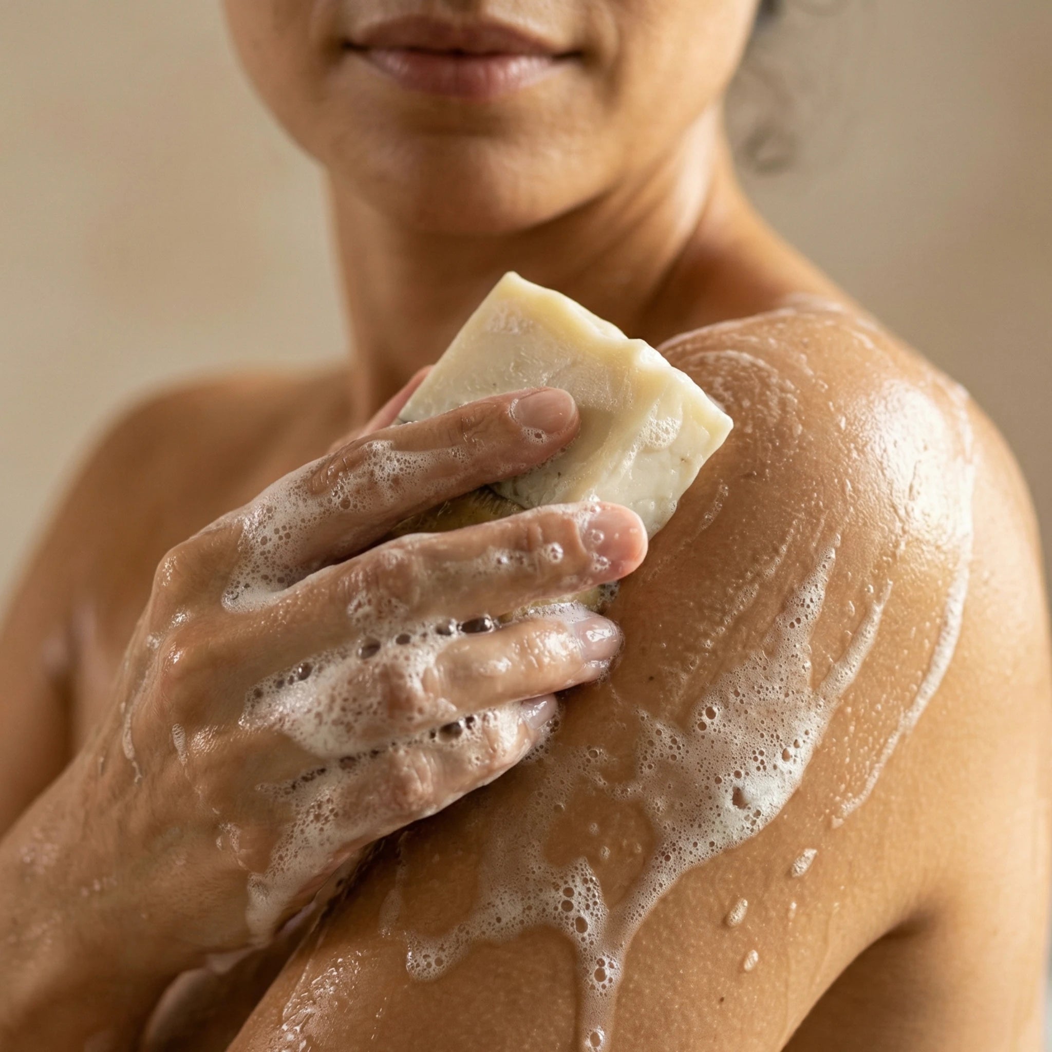 Frau hält handgemachte Patchouli Lemon Seife von ASK Natural mit cremigem Schaum in den Händen während der Anwendung.