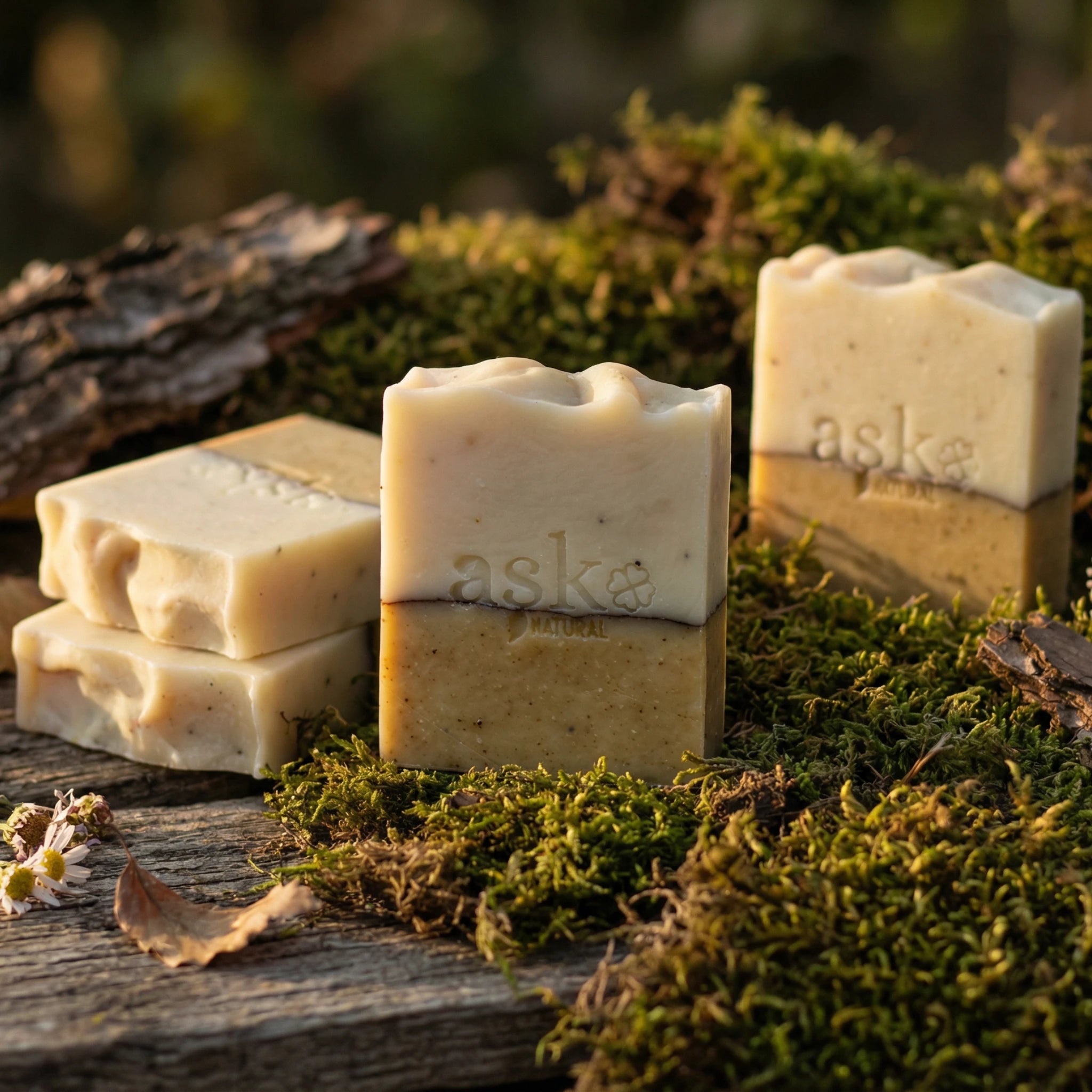 Mehrere handgemachte Patchouli Lemon Seifen von ASK Natural als Set auf natürlichem Holz und Moos platziert, ideal für Kombination und Mengenrabatt.