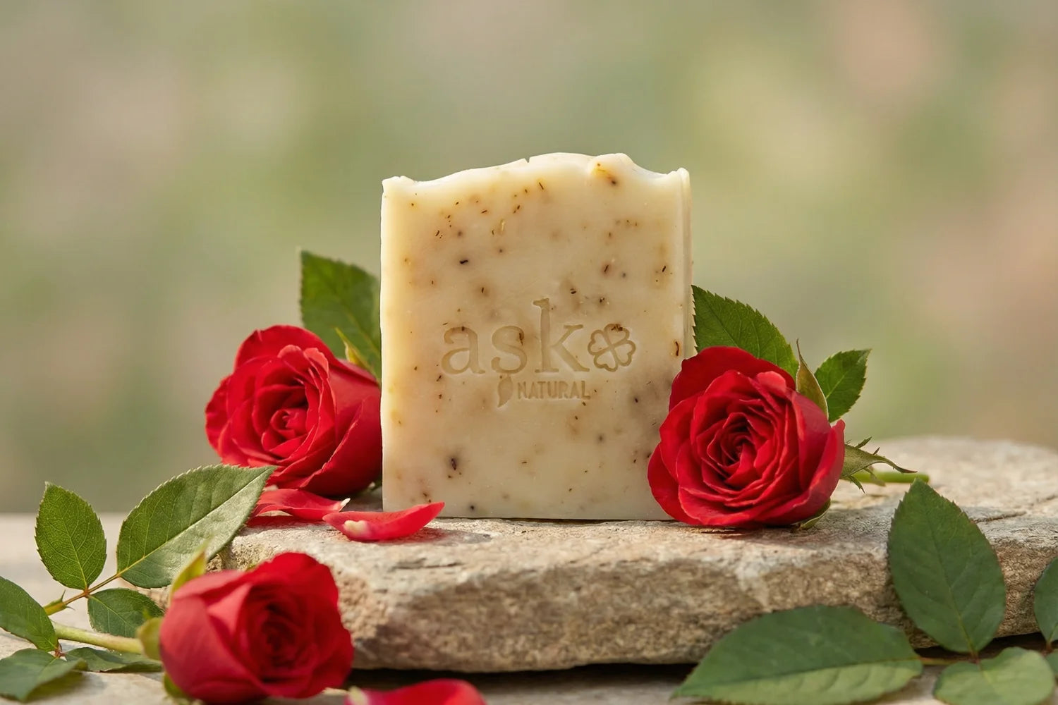 Handgemachte Rose Naturseife von ASK Natural mit natürlichen Inhaltsstoffen auf Stein, in natürlicher Umgebung.