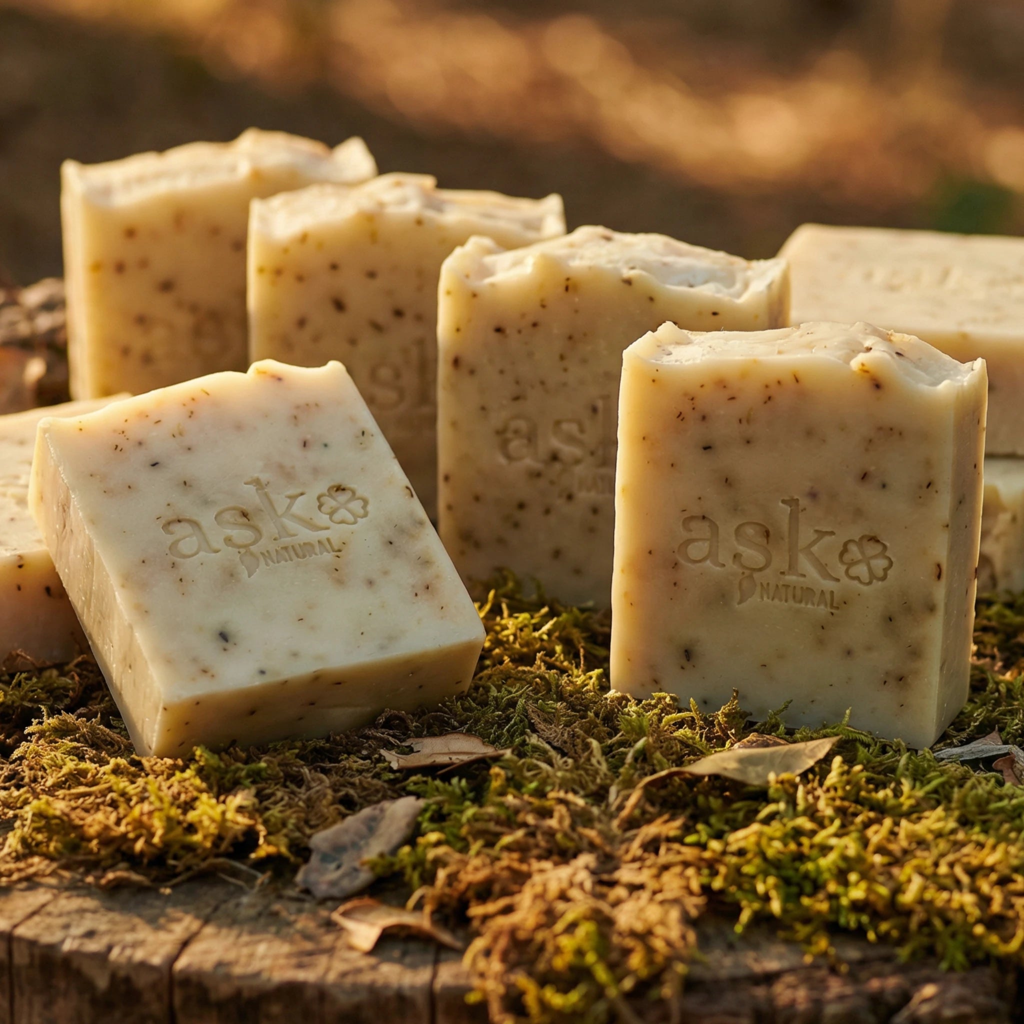 Mehrere handgemachte Rose Seifen von ASK Natural als Set auf natürlichem Holz und Moos platziert, ideal für Kombination und Mengenrabatt.