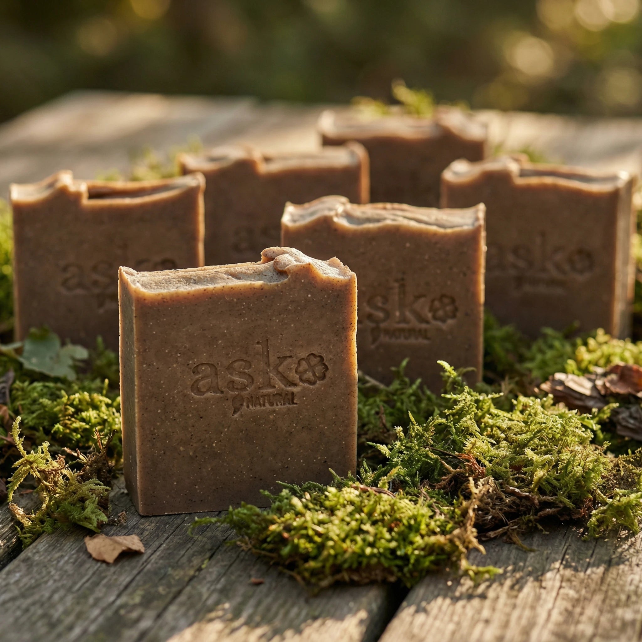 Mehrere handgemachte Schwarzkümmelöl Seifen von ASK Natural als Set auf natürlichem Holz und Moos platziert, ideal für Kombination und Mengenrabatt.