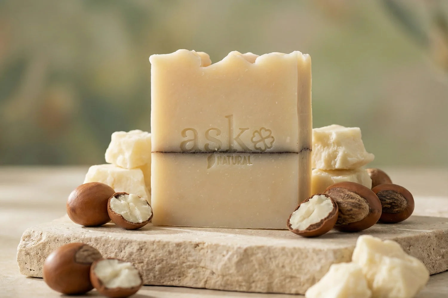 Handgemachte Sheabutter Naturseife von ASK Natural mit natürlichen Inhaltsstoffen auf Stein, in natürlicher Umgebung.