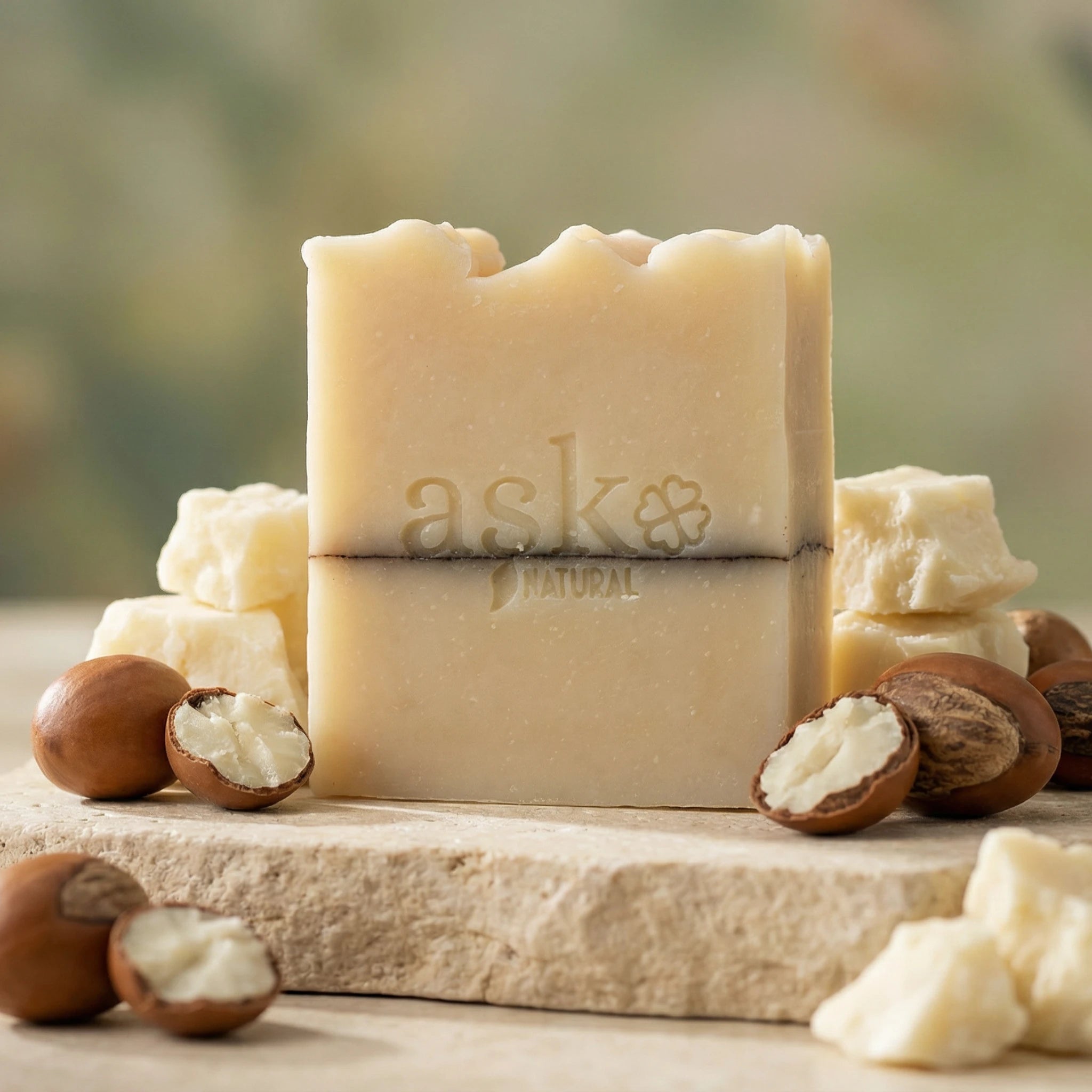 Handgemachte Sheabutter Seife 100g von ASK Natural mit Sheanüssen auf Naturstein dekoriert.