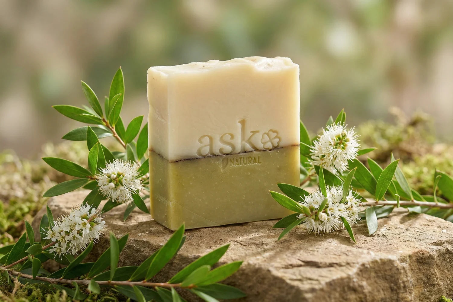 Handgemachte Teebaumöl Naturseife von ASK Natural mit natürlichen Inhaltsstoffen auf Stein, in natürlicher Umgebung.