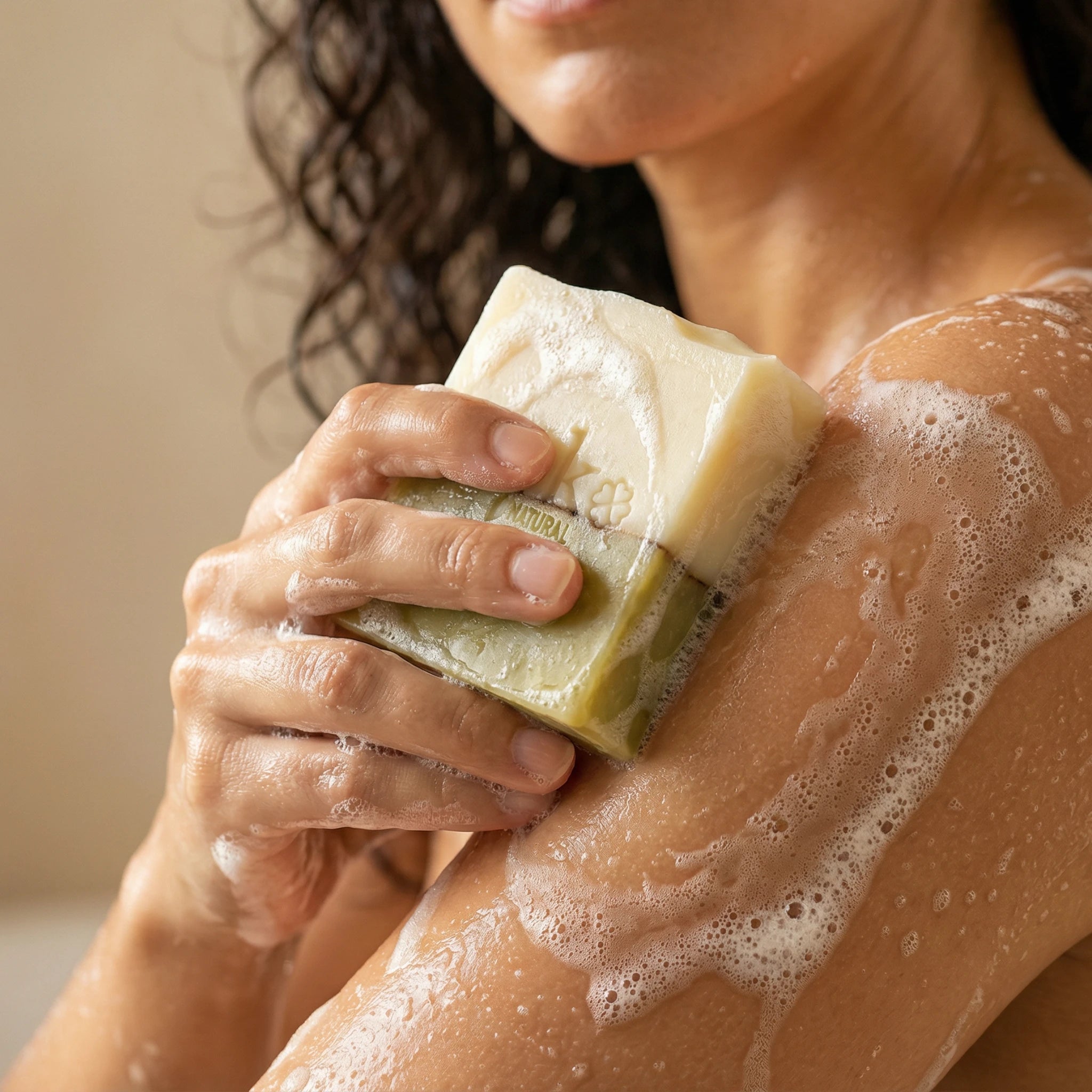 Frau hält handgemachte Teebaumöl Seife von ASK Natural mit cremigem Schaum in den Händen während der Anwendung.