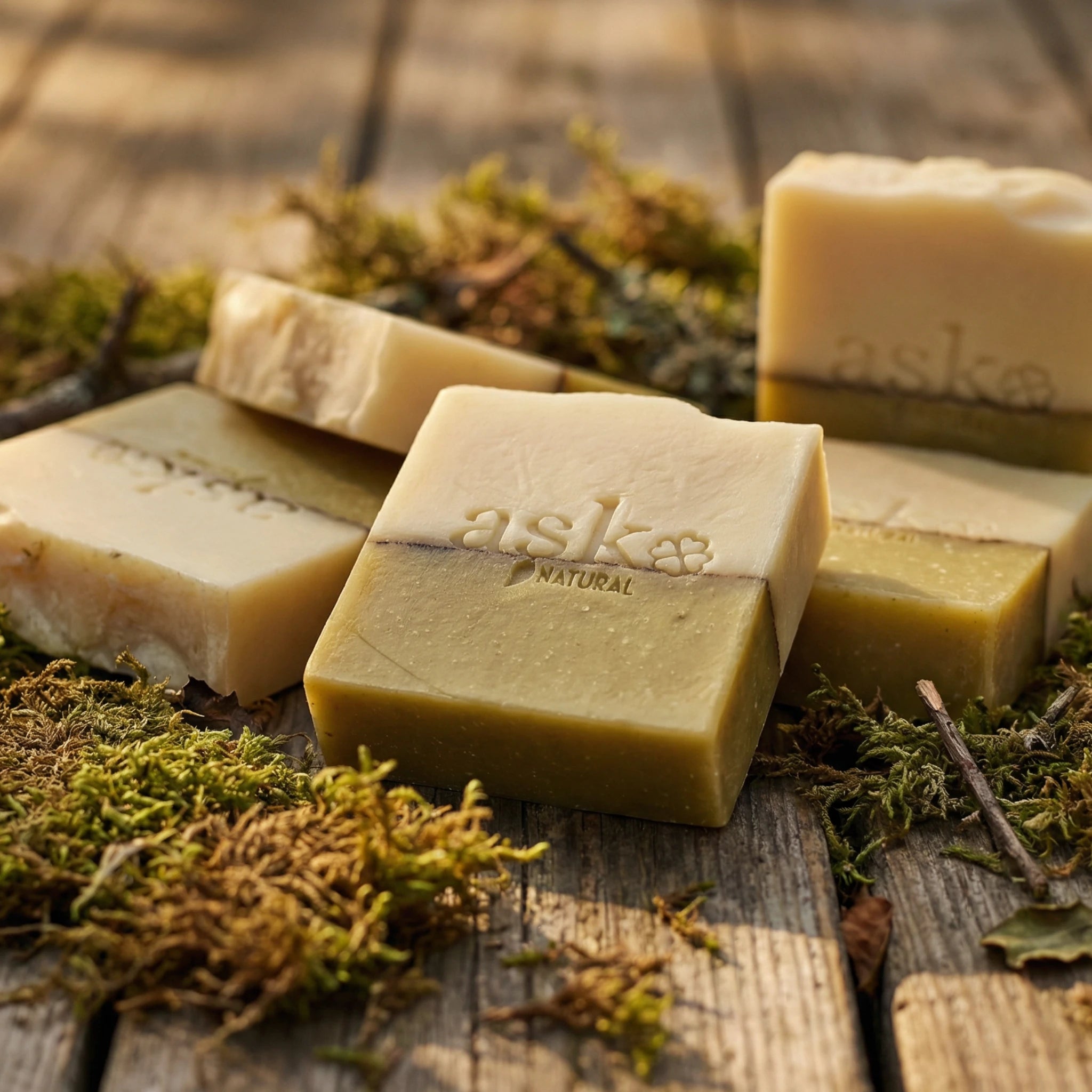 Mehrere handgemachte Teebaumöl Seifen von ASK Natural als Set auf natürlichem Holz und Moos platziert, ideal für Kombination und Mengenrabatt.