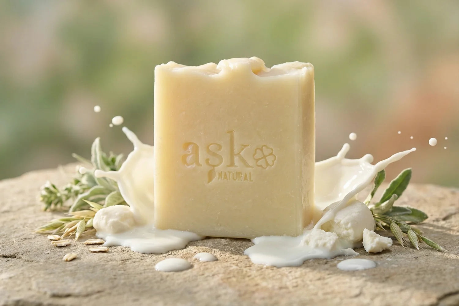 Handgemachte Ziegenmilch Naturseife von ASK Natural mit natürlichen Inhaltsstoffen auf Stein, in natürlicher Umgebung.