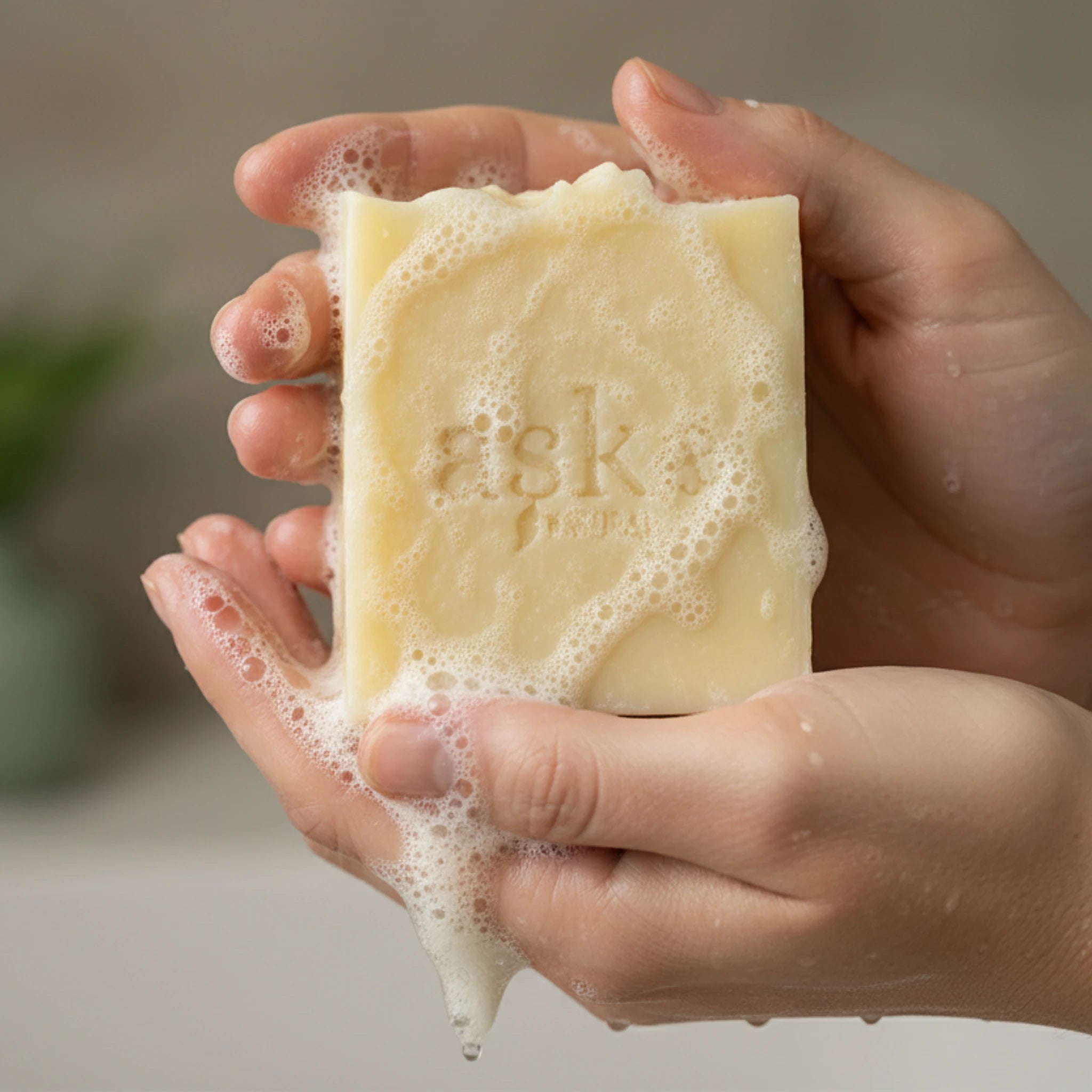 Nahaufnahme einer handgemachten Ziegenmilch Seife von ASK Natural mit natürlicher Textur und cremigem Schaum in den Händen, hergestellt im traditionellen Kaltverfahren.