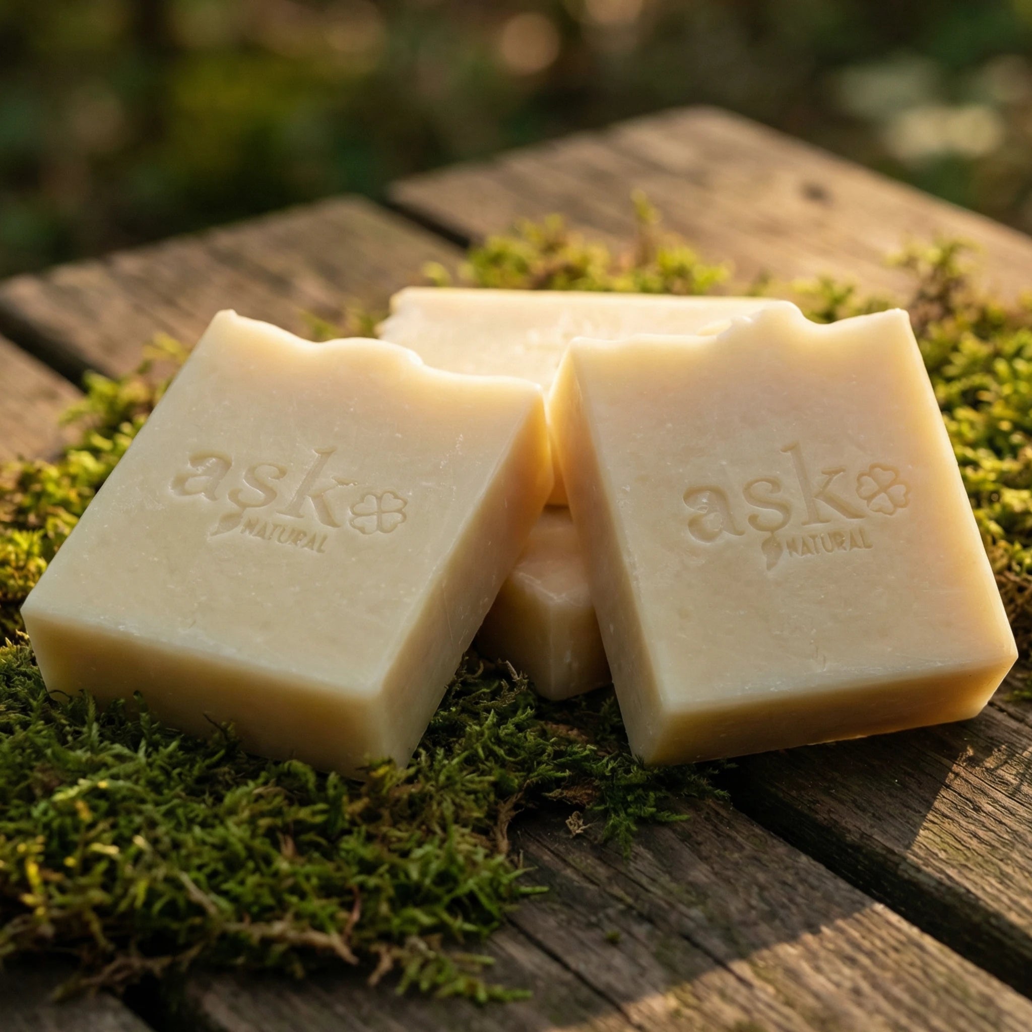 Mehrere handgemachte Ziegenmilch Seifen von ASK Natural als Set auf natürlichem Holz und Moos platziert, ideal für Kombination und Mengenrabatt.