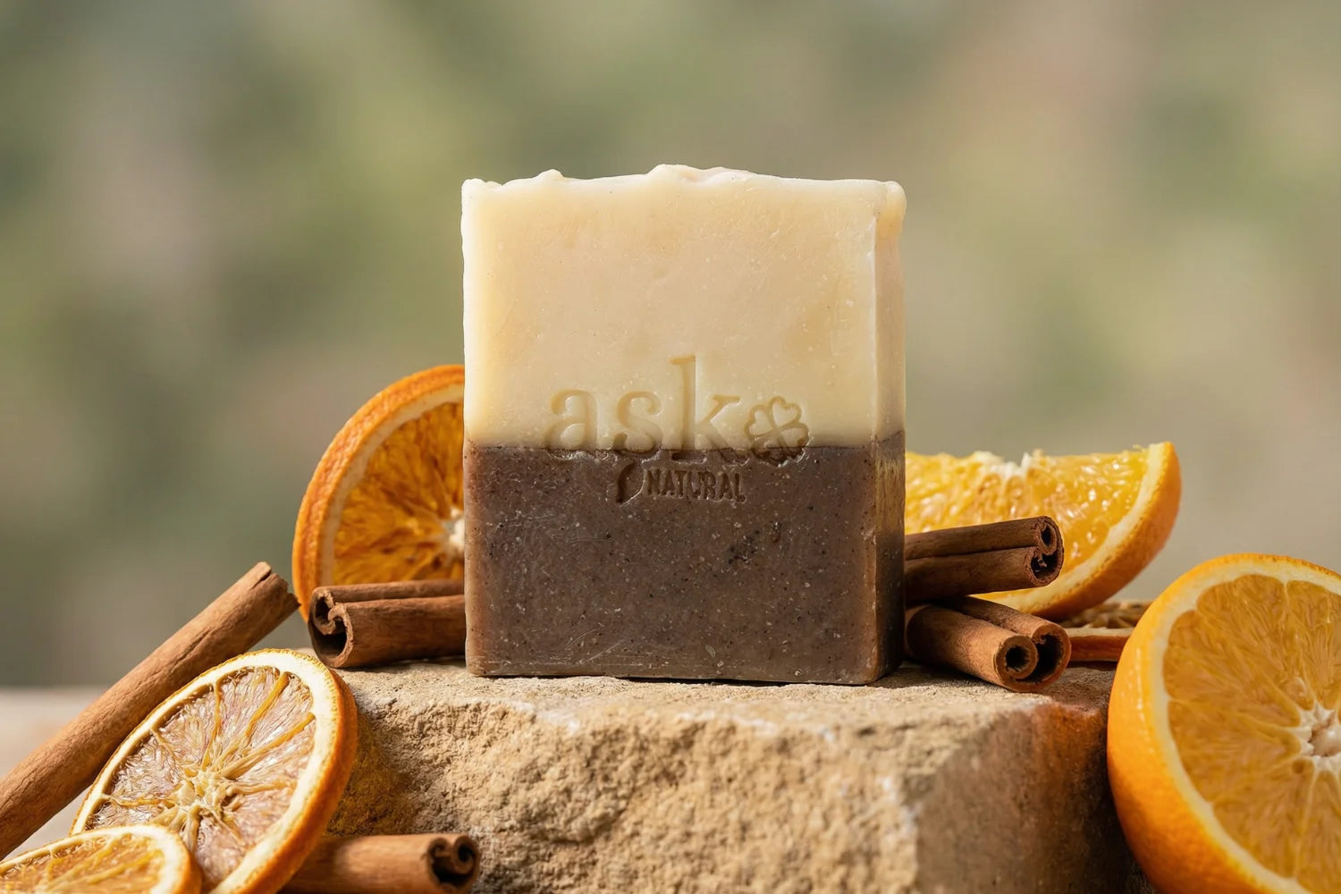 Handgemachte Zimt-Orange Naturseife von ASK Natural mit natürlichen Inhaltsstoffen auf Stein, in natürlicher Umgebung.