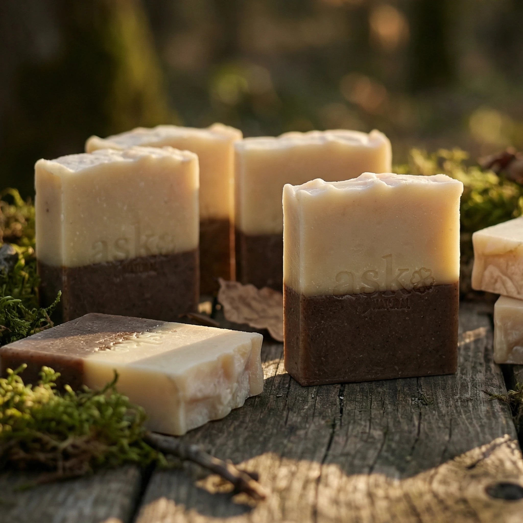 Mehrere handgemachte Zimt-Orange Seifen von ASK Natural als Set auf natürlichem Holz und Moos platziert, ideal für Kombination und Mengenrabatt.